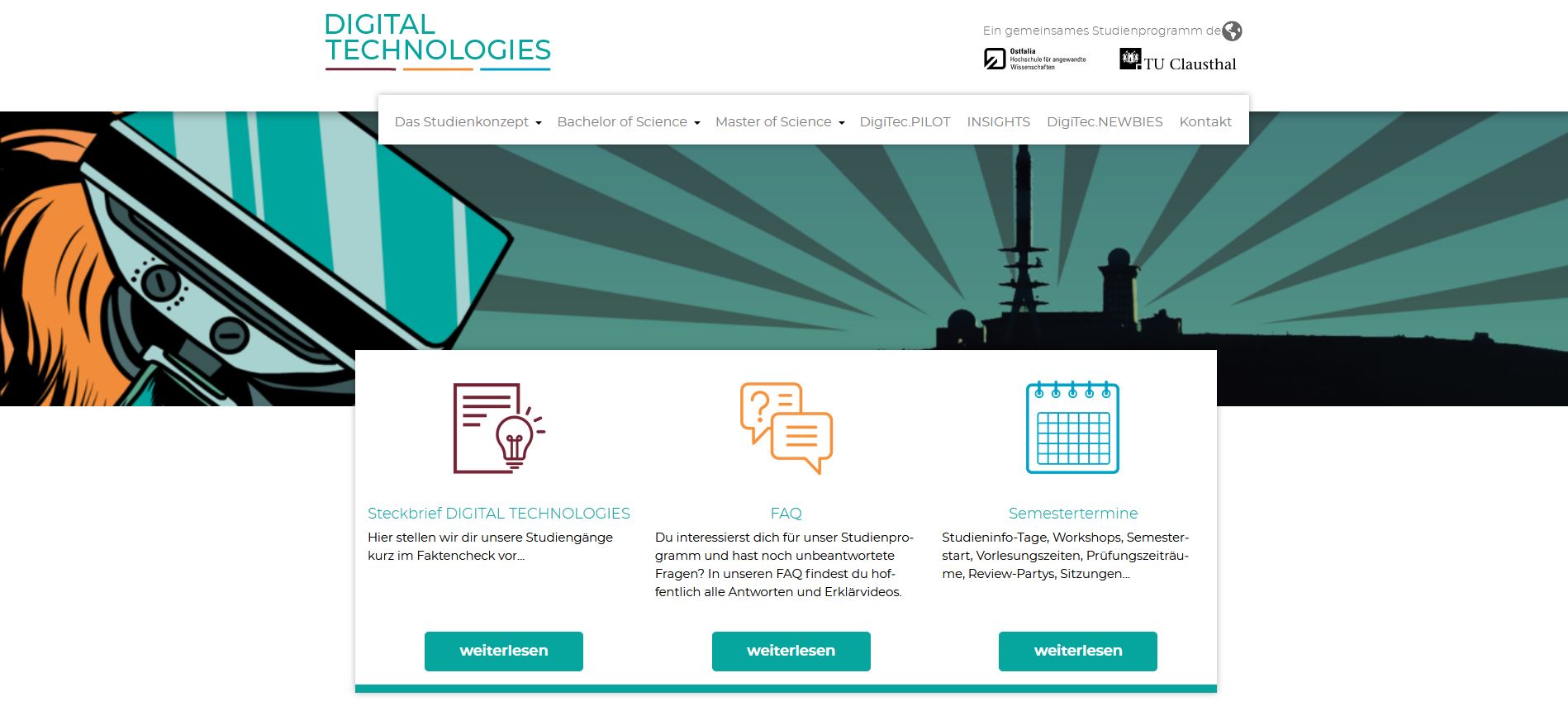 Screenshot der Webseite zum Studiengang Digital Technologies