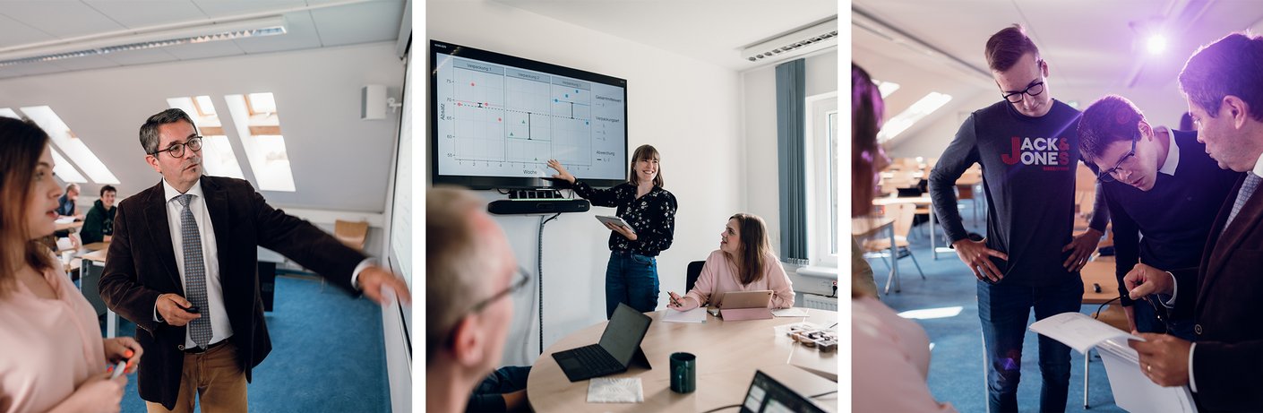 Drei Bilder zusammengeschnitten die den Studiengang Betriebswirtschaftslehre darstellen