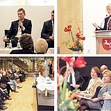 Menschen nehmen an einer Konferenz teil, während eine Person am Rednerpult einen Vortrag hält
