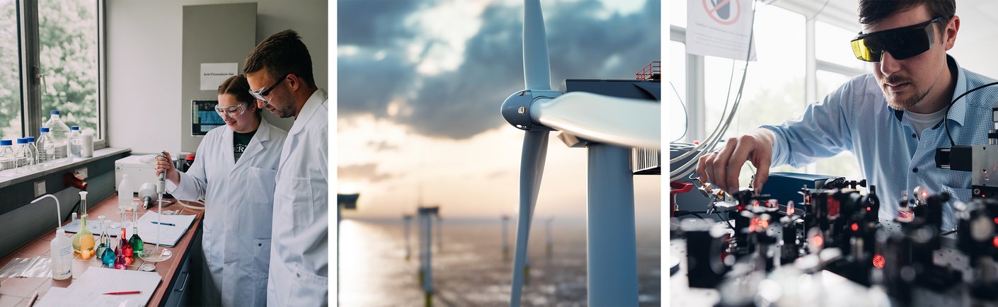 Drei zusammengeschnittene Bilder zeigen Eindrücke des Studiengangs Verfahrenstechnik/Chemieingenieurwesen