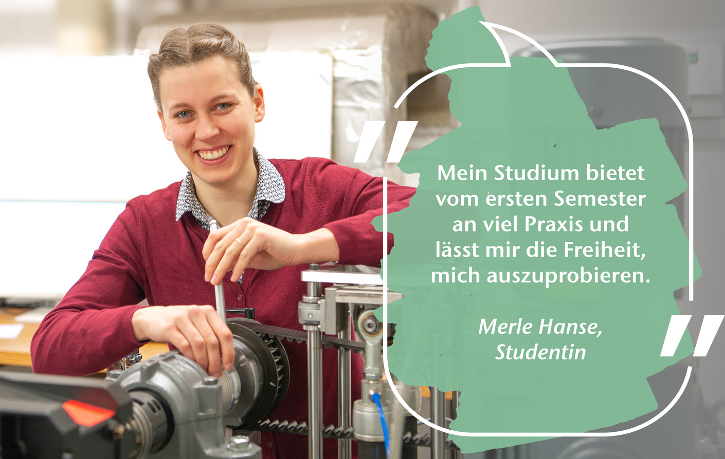 Zitat mit einem Portraitbild von Studentin Merle Hanse