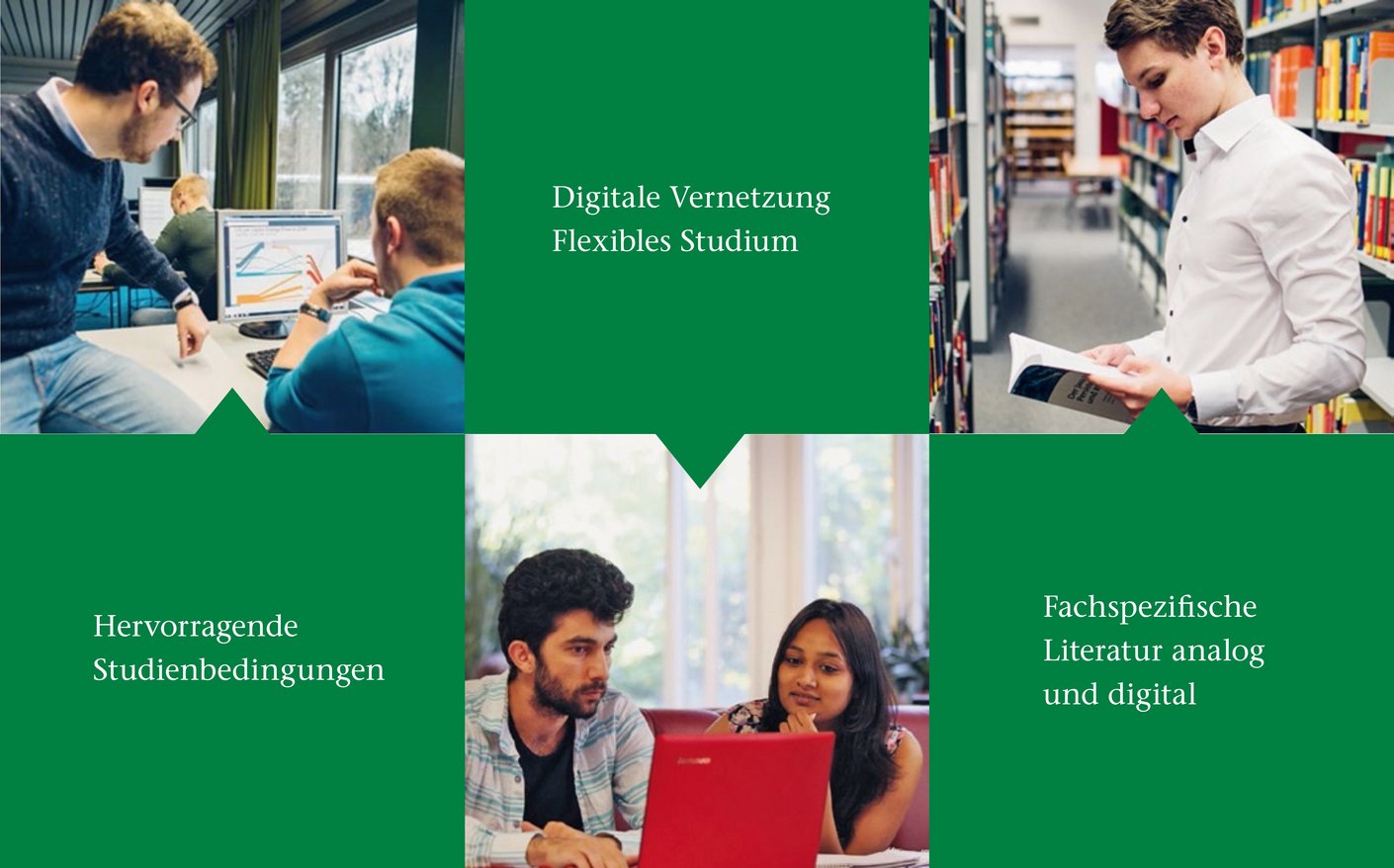 Abbildung mit drei Fotos und drei Texten, die die Vorteile des Studiums in Clausthal zeigen