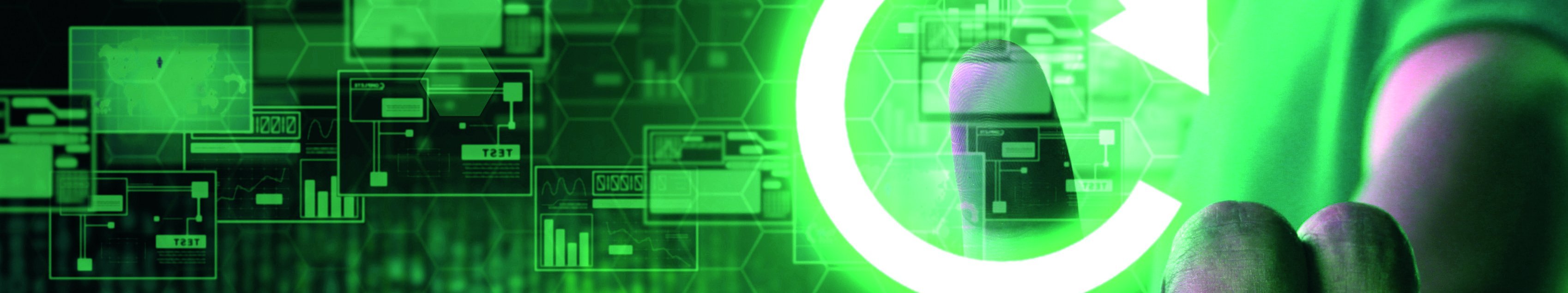 Ein Finger fasst auf einen durchsichtigen Bildschirm auf dem ein grüner Pfeil angezeigt wird