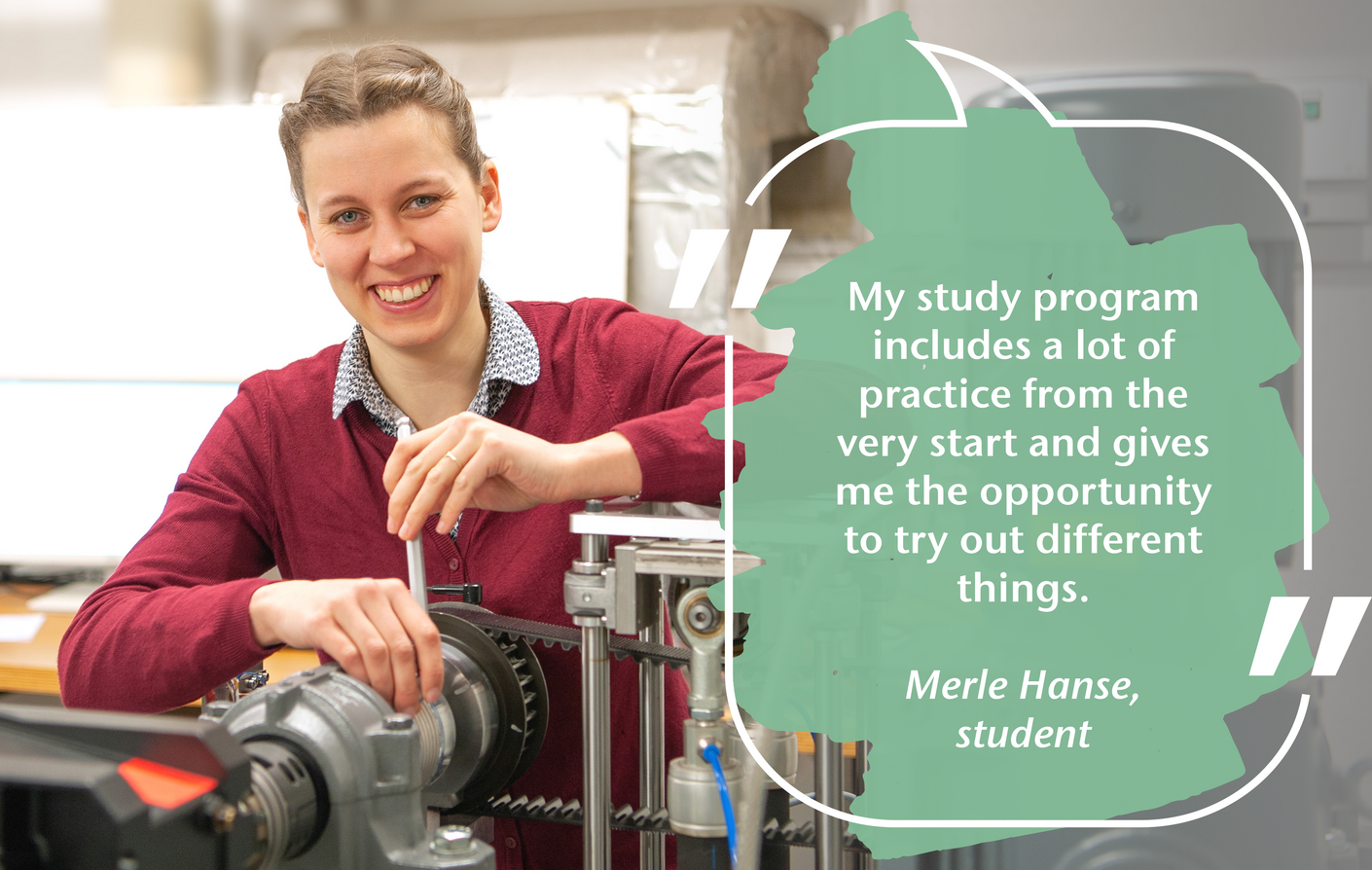 Englisches Zitat mit einem Portraitbild von Studentin Merle Hanse