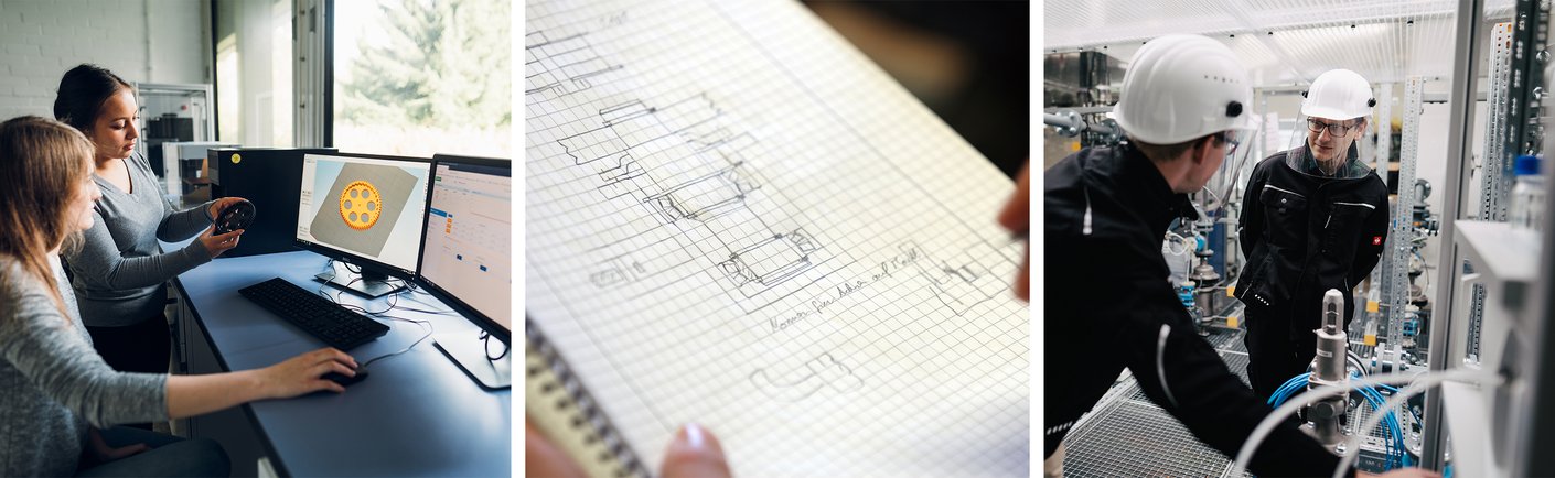 Drei zusammengeschnittene Bilder zeigen Eindrücke des Studiengangs Maschinenbau